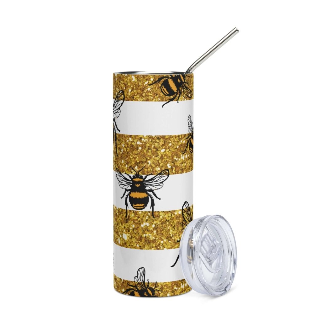 Bees Gold White Stripes Stainless Steel Tumbler 20oz - Lorri Melas