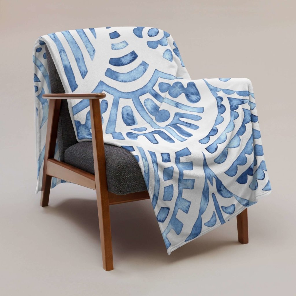 Blue and White Design Throw Blanket - 100% Polyester Silky Touch Fabric, Printed on One Side, Machine Washable, Hypoallergenic - Lorri Melas