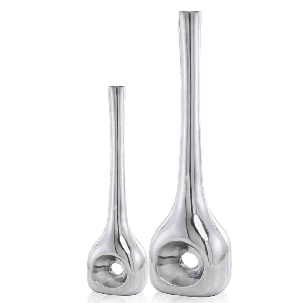 Buffed Long Neck Tall Silver Set of 2 Vases Centerpieces for Tables - Lorri Melas