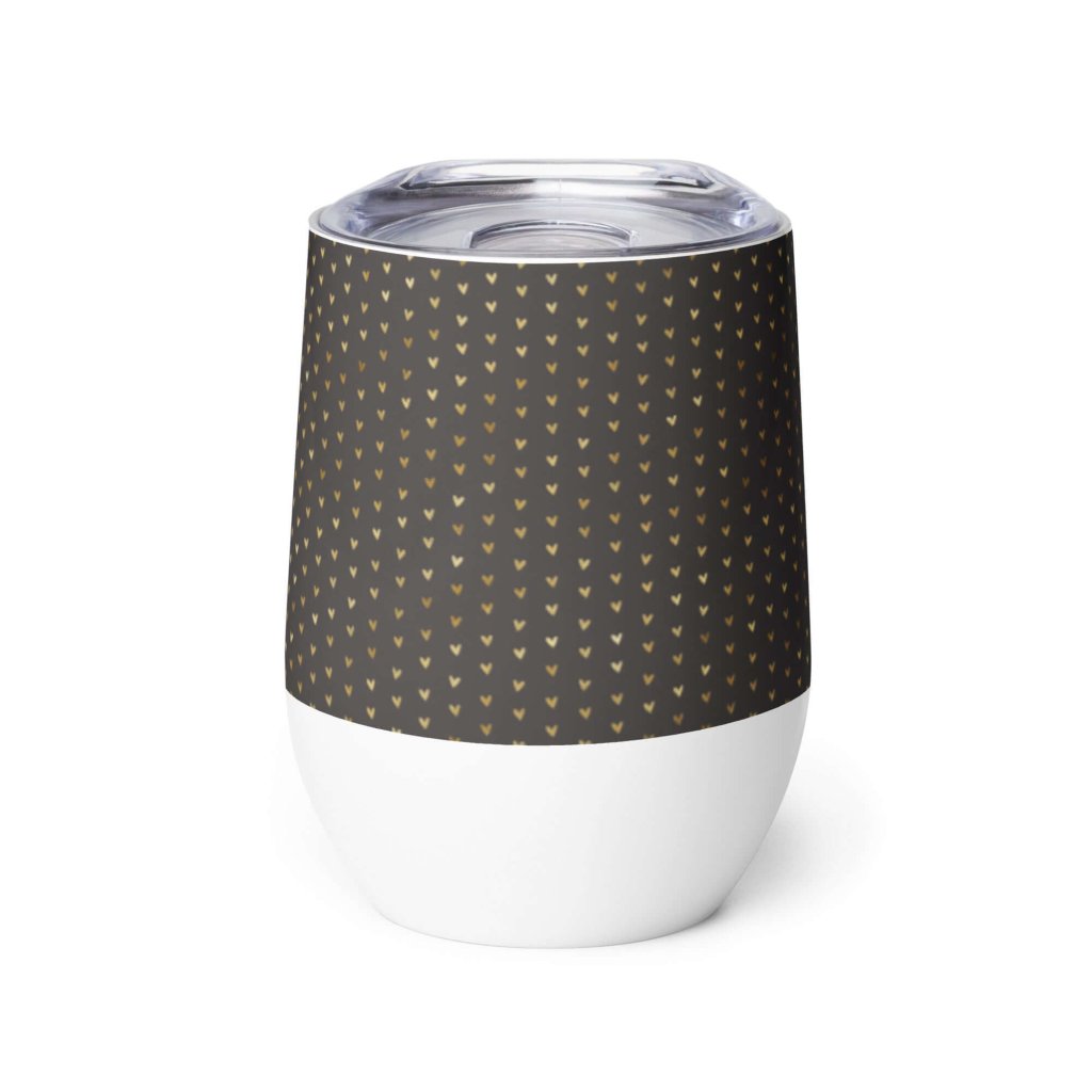 Dark Gold Hearts White Stainless Steel Wine Tumbler Double Wall Insulated Travel Cup 12oz Lorri Melas