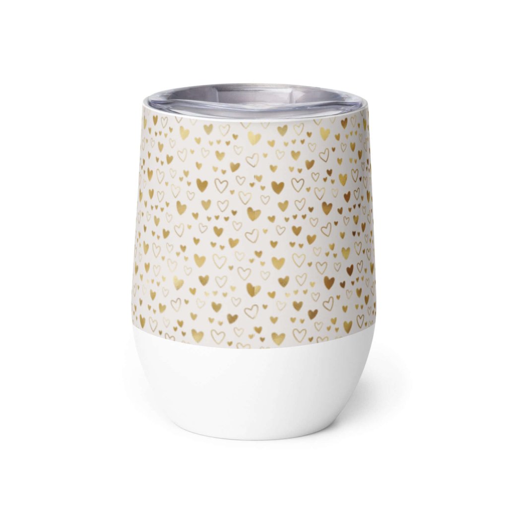 Gold Hearts White Stainless Steel Wine Tumbler Double Wall Insulated Travel Cup 12oz Lorri Melas