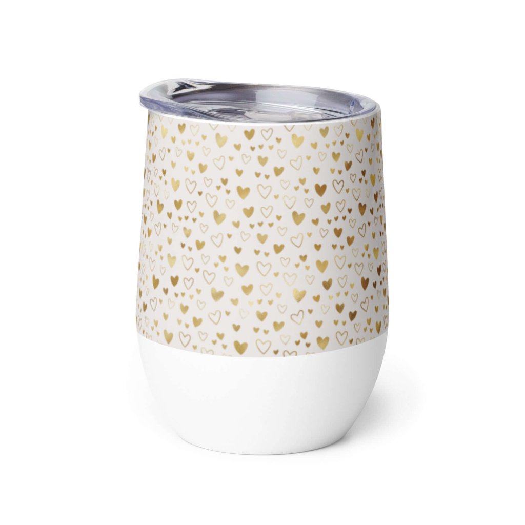 Gold Hearts White Stainless Steel Wine Tumbler Double Wall Insulated Travel Cup 12oz Lorri Melas