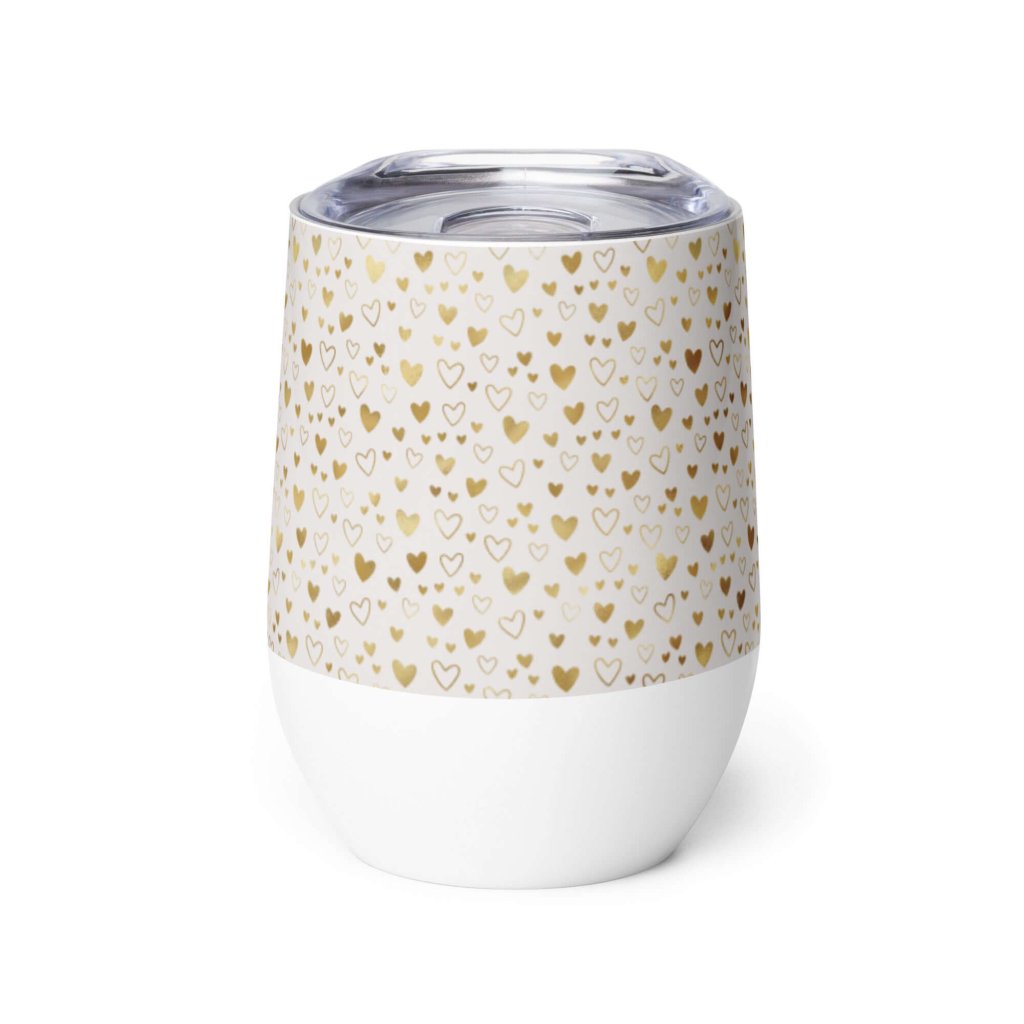 Gold Hearts White Stainless Steel Wine Tumbler Double Wall Insulated Travel Cup 12oz Lorri Melas