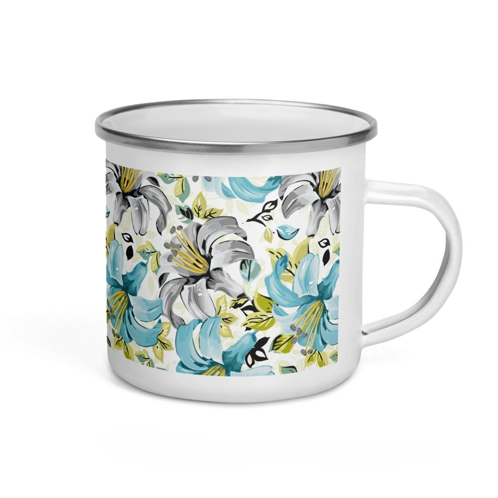 Lily Flower Floral Design Blue White Silver Rim Enamel Mug Lorri Melas