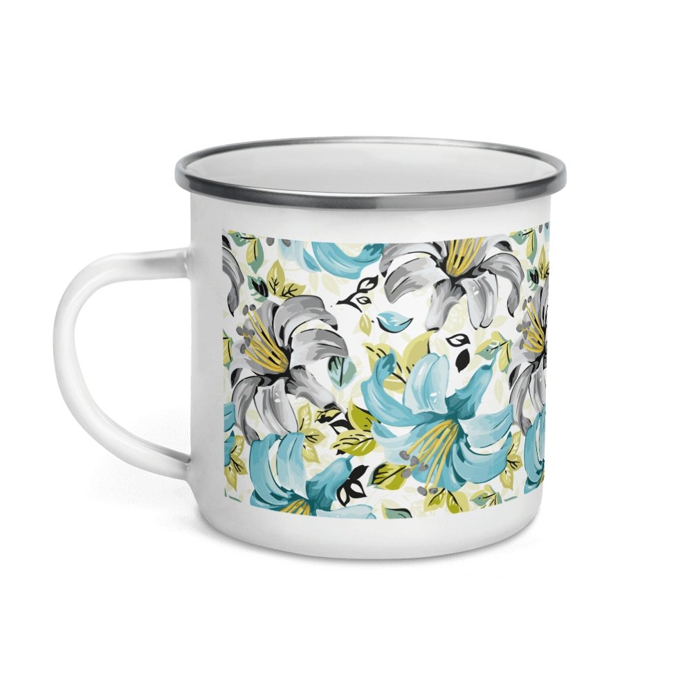 Lily Flower Floral Design Blue White Silver Rim Enamel Mug Lorri Melas