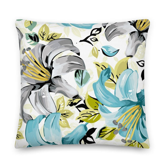 Lily Flower Floral Design White Blue Throw Pillow with Insert Included Couch Cushion - Lorri Melas