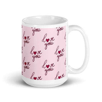 Love You Heart White and Pink Glossy Ceramic Coffee Mug 11 oz - Lorri Melas