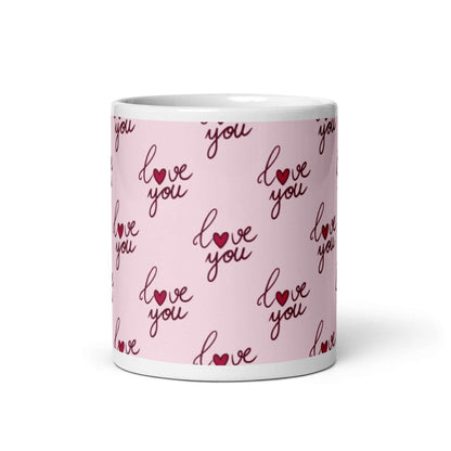 Love You Heart White and Pink Glossy Ceramic Coffee Mug 11 oz - Lorri Melas