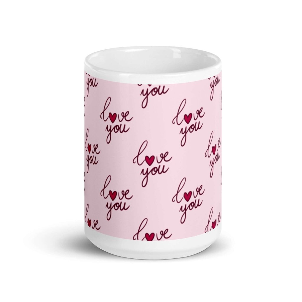 Love You Heart White and Pink Glossy Ceramic Coffee Mug 11 oz - Lorri Melas