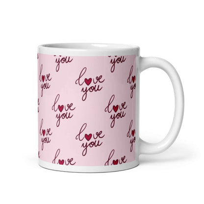 Love You Heart White and Pink Glossy Ceramic Coffee Mug 11 oz - Lorri Melas