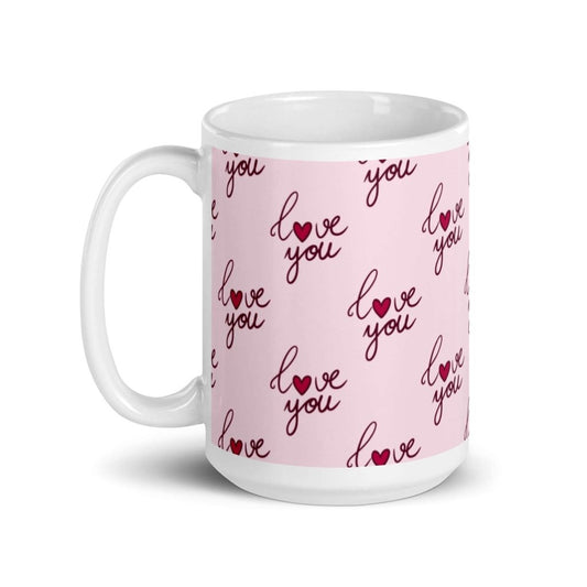 Love You Heart White and Pink Glossy Ceramic Coffee Mug 11 oz - Lorri Melas