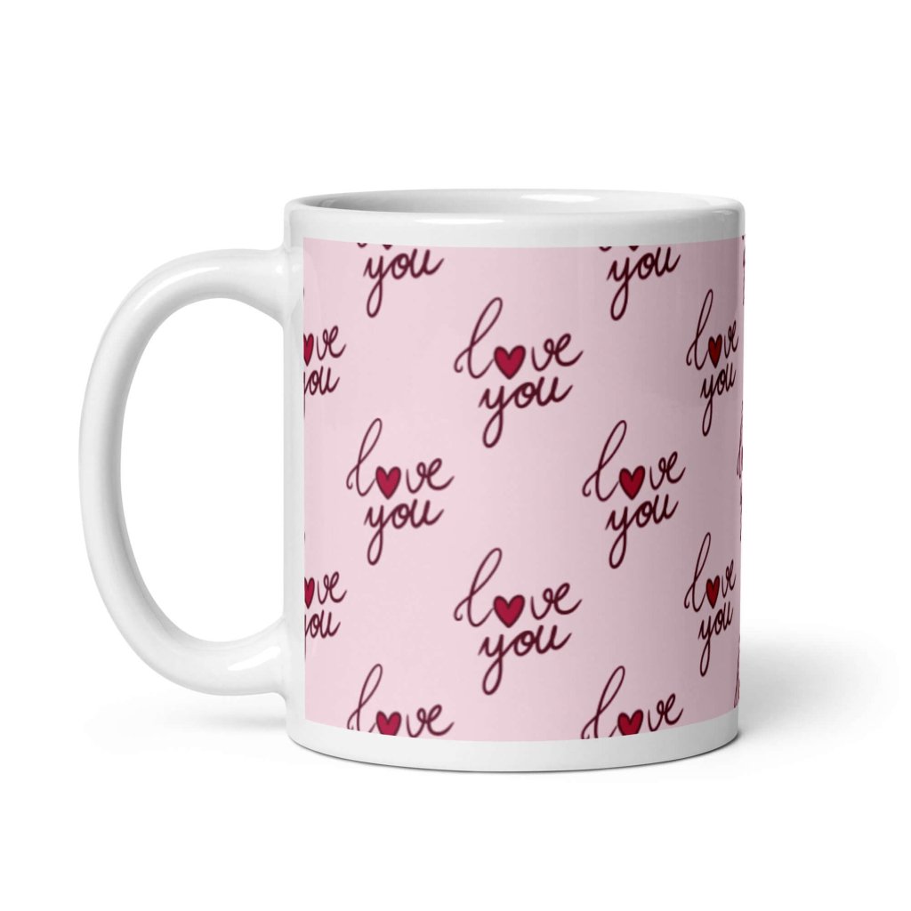 Love You Heart White and Pink Glossy Ceramic Coffee Mug 11 oz - Lorri Melas