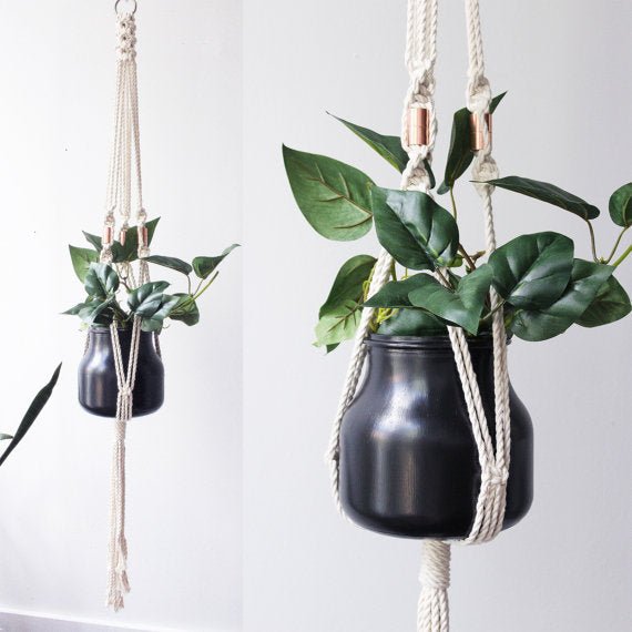 Macrame Plant Hanger, Hanging Planter 100% Cotton with Copper Embellishments - Lorri Melas