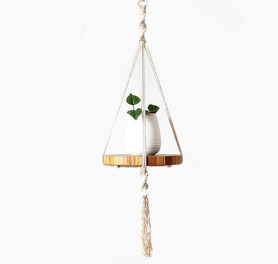 Macrame Plant Hanger, Hanging Planter 100% Cotton with Wooden Plate - Lorri Melas