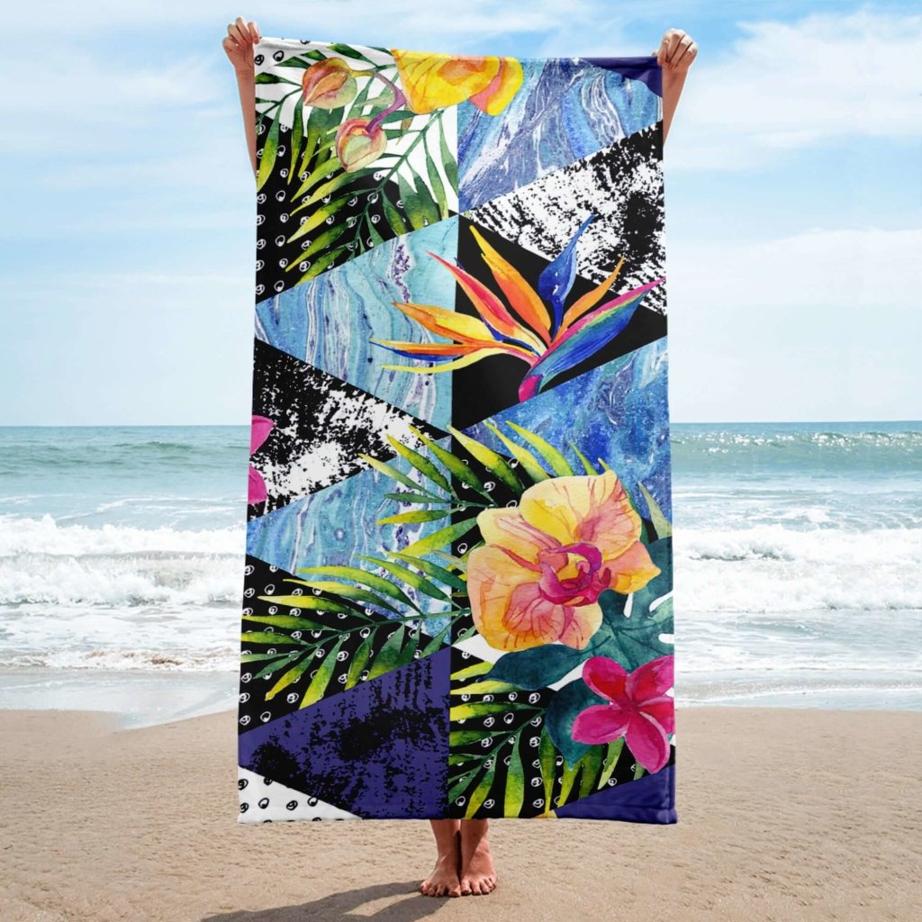 Ocean Tropical Birds of Paradise Flower Abstract Design Extra Large Absorbent Beach Towel - Cotton & Polyester, Soft Lightweight Fabric - Lorri Melas