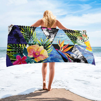 Ocean Tropical Birds of Paradise Flower Abstract Design Extra Large Absorbent Beach Towel - Cotton & Polyester, Soft Lightweight Fabric - Lorri Melas