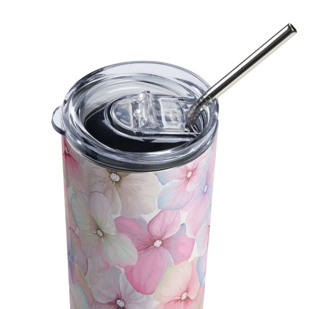 Opaque Pink White Flowers Stainless Steel Tumbler 20oz - Lorri Melas