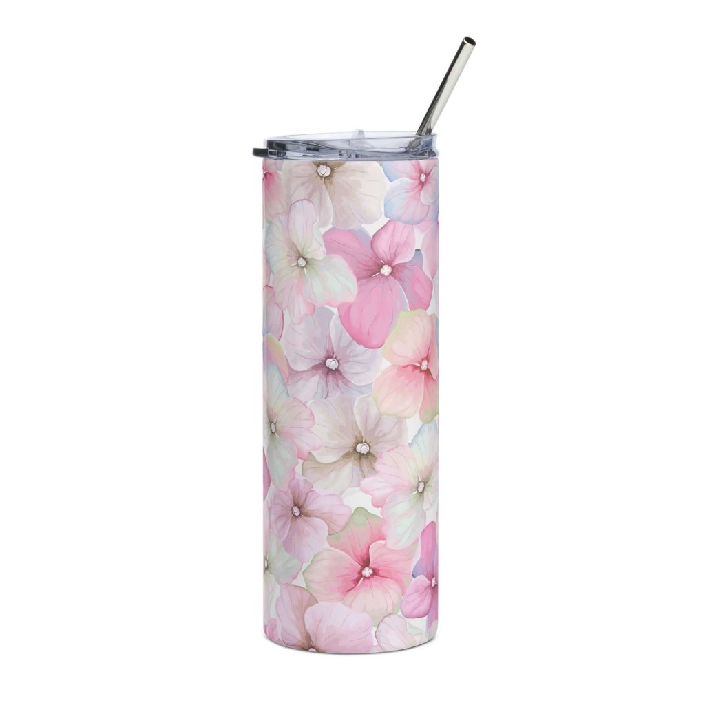 Opaque Pink White Flowers Stainless Steel Tumbler 20oz - Lorri Melas