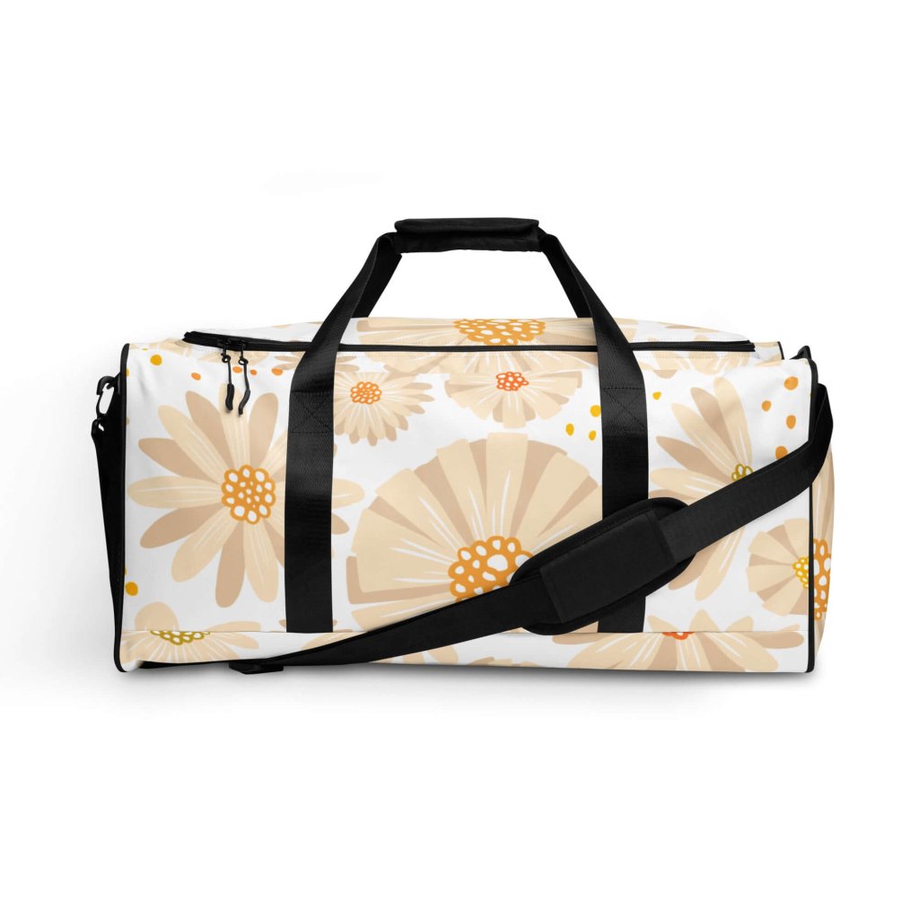 Pastel Beige and Orange Flowers Spring Themed Large Travel Duffle Bag - Lorri Melas