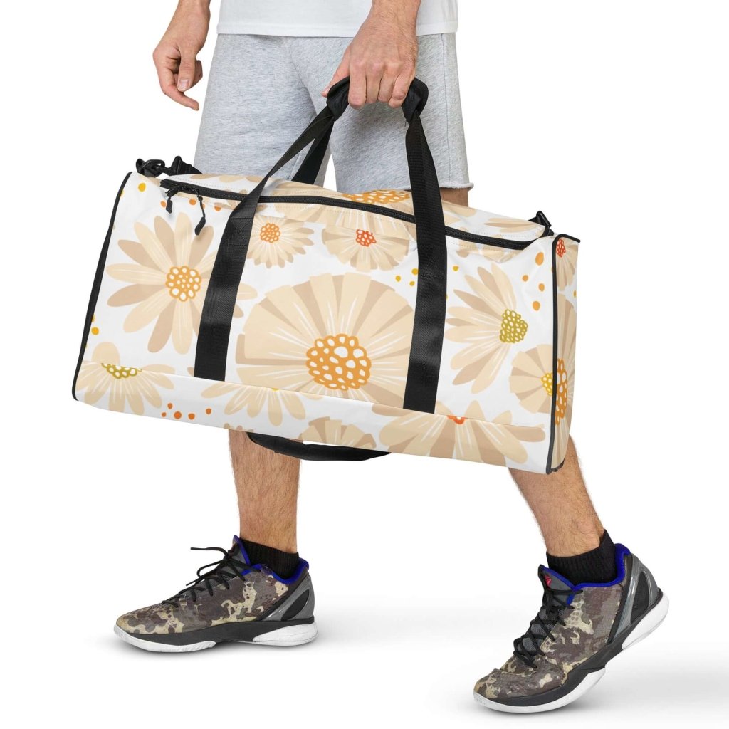 Pastel Beige and Orange Flowers Spring Themed Large Travel Duffle Bag - Lorri Melas