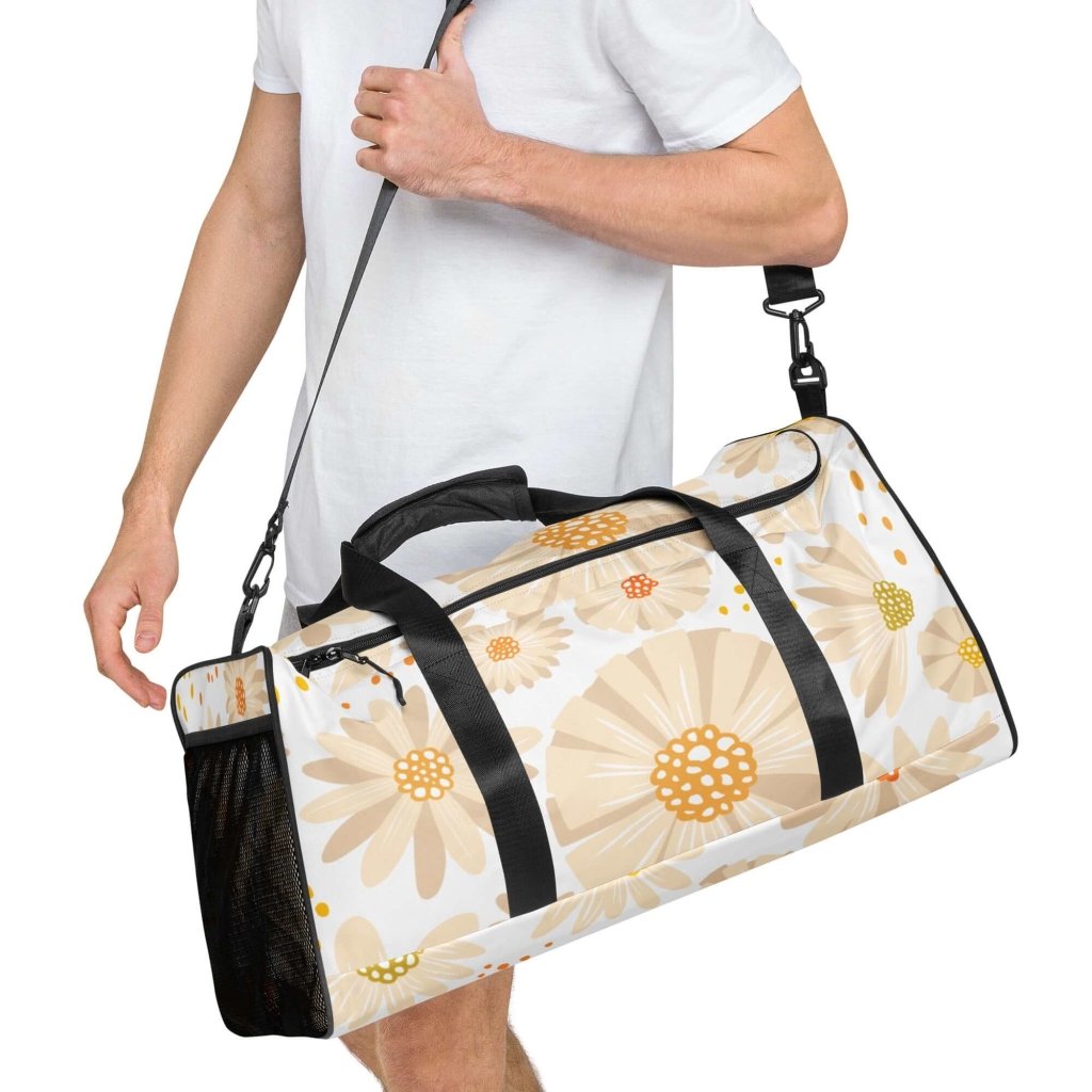 Pastel Beige and Orange Flowers Spring Themed Large Travel Duffle Bag - Lorri Melas