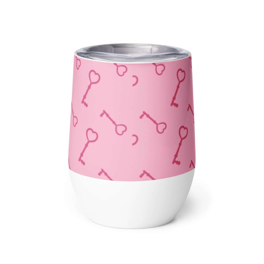 Pink Key To My Heart White Stainless Steel Wine Tumbler Double Wall Insulated Travel Cup 12oz - Lorri Melas