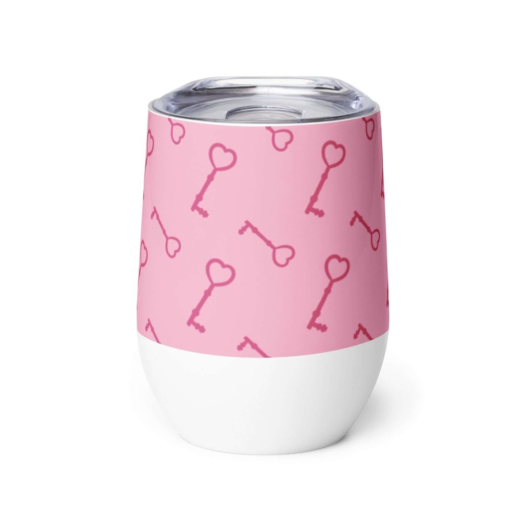 Pink Key To My Heart White Stainless Steel Wine Tumbler Double Wall Insulated Travel Cup 12oz - Lorri Melas