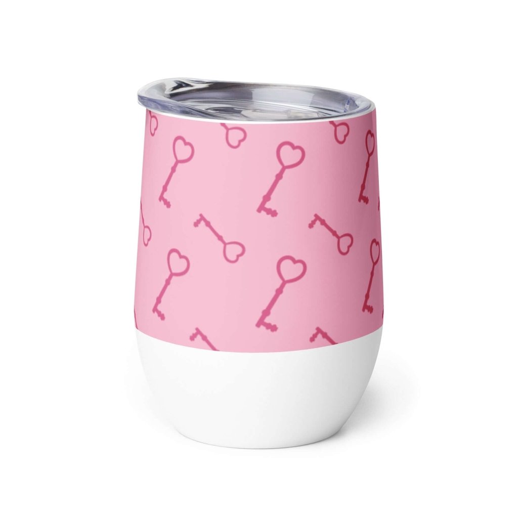 Pink Key To My Heart White Stainless Steel Wine Tumbler Double Wall Insulated Travel Cup 12oz - Lorri Melas