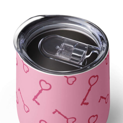 Pink Key To My Heart White Stainless Steel Wine Tumbler Double Wall Insulated Travel Cup 12oz - Lorri Melas