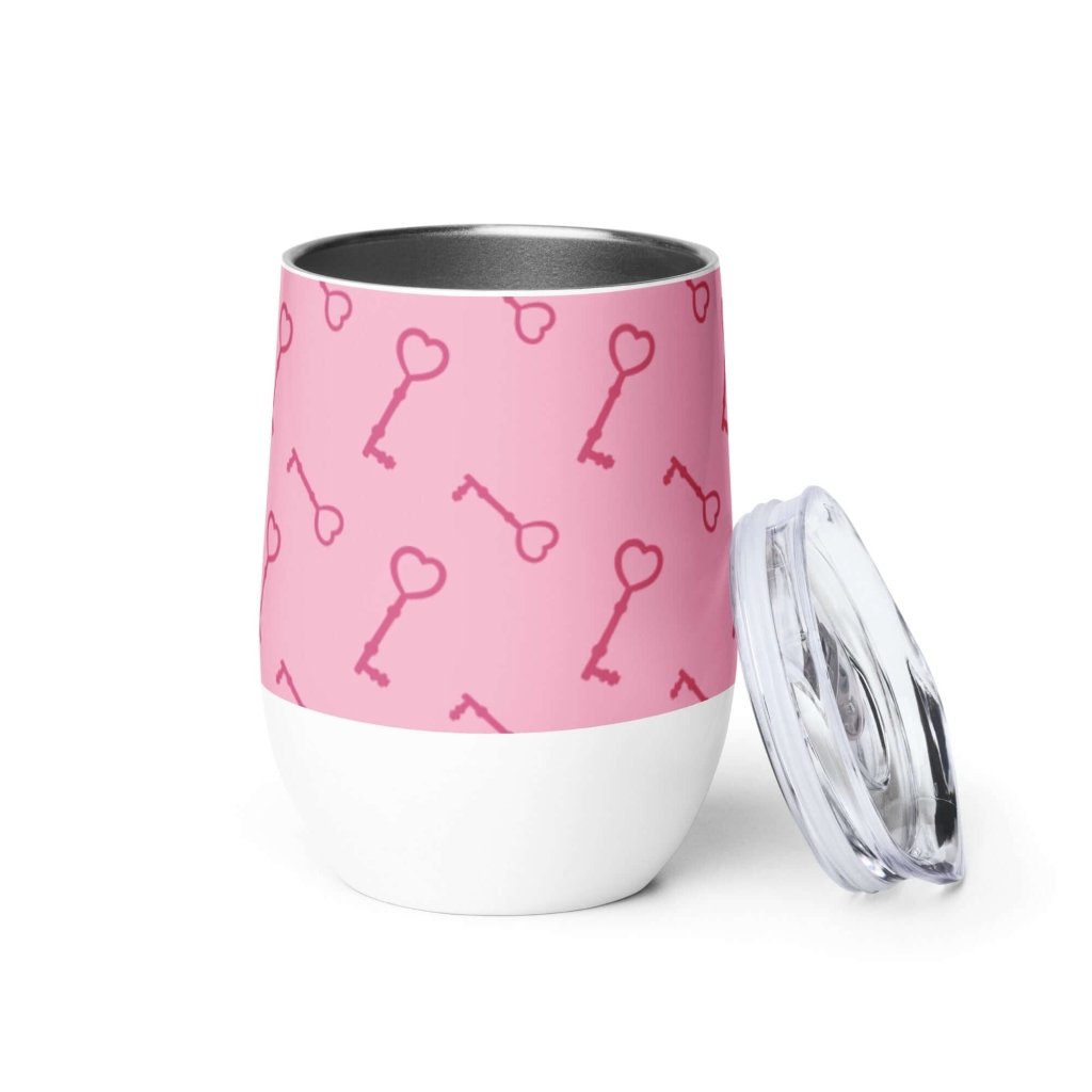 Pink Key To My Heart White Stainless Steel Wine Tumbler Double Wall Insulated Travel Cup 12oz - Lorri Melas