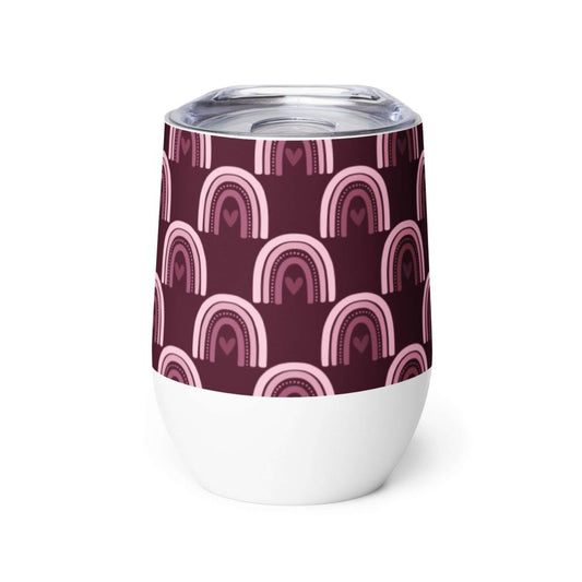 Pink Rainbow Hearts White Stainless Steel Wine Tumbler Double Wall Insulated Travel Cup 12oz - Lorri Melas