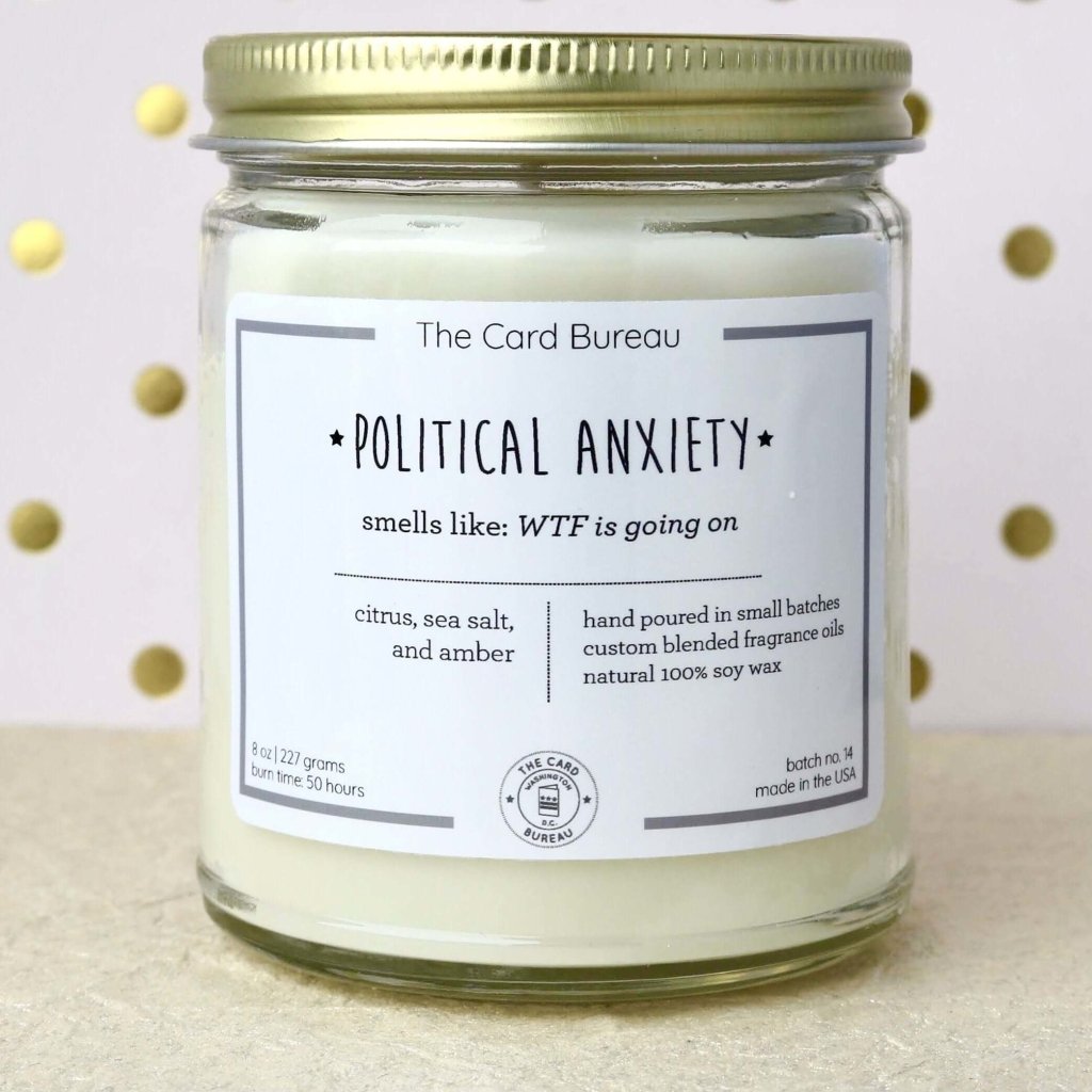 Political Anxiety Glass Jar Candle 8oz Citrus, Sea Salt, & Amber Scented Candle 50+ Hours Burn Time - Lorri Melas