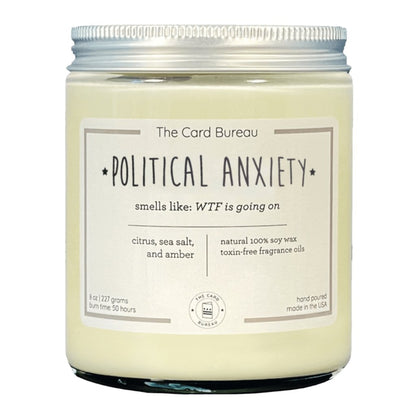 Political Anxiety Glass Jar Candle 8oz Citrus, Sea Salt, & Amber Scented Candle 50+ Hours Burn Time - Lorri Melas