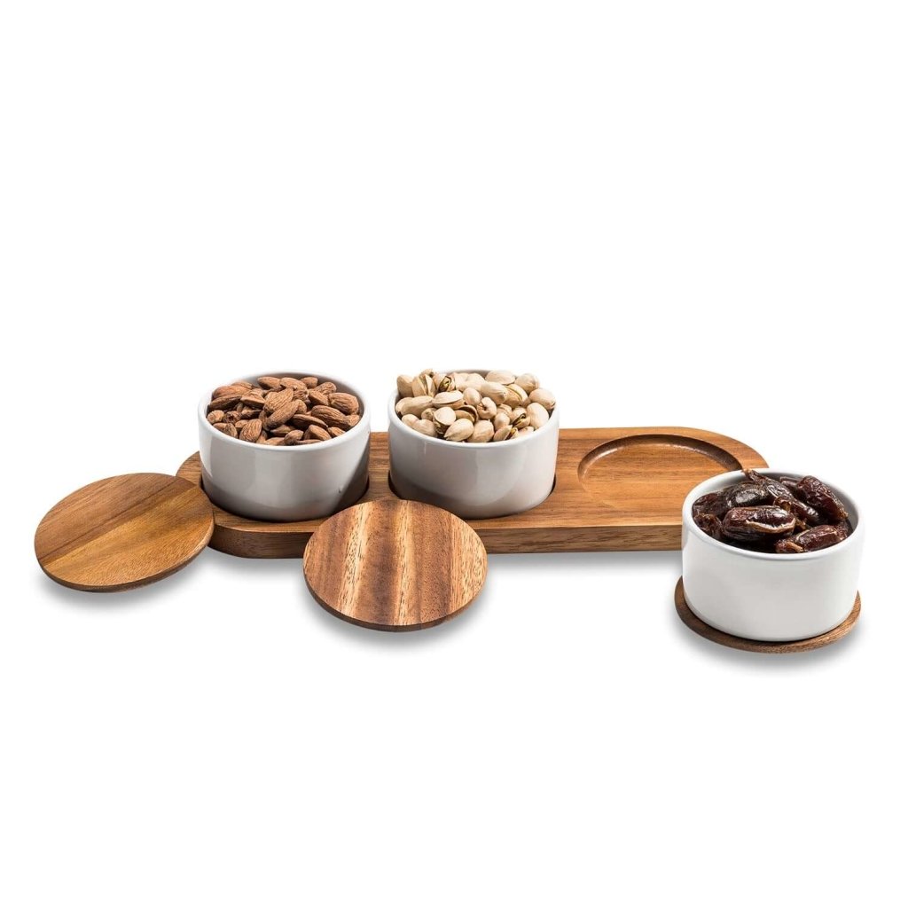 Set of 3 Ceramic Condiment Bowls on Solid Acacia Wood Base for Condiments and Snacks - Lorri Melas