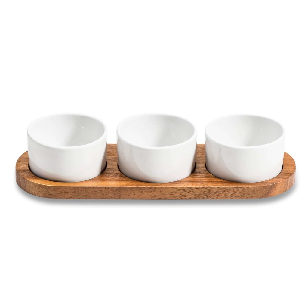 Set of 3 Ceramic Condiment Bowls on Solid Acacia Wood Base for Condiments and Snacks - Lorri Melas