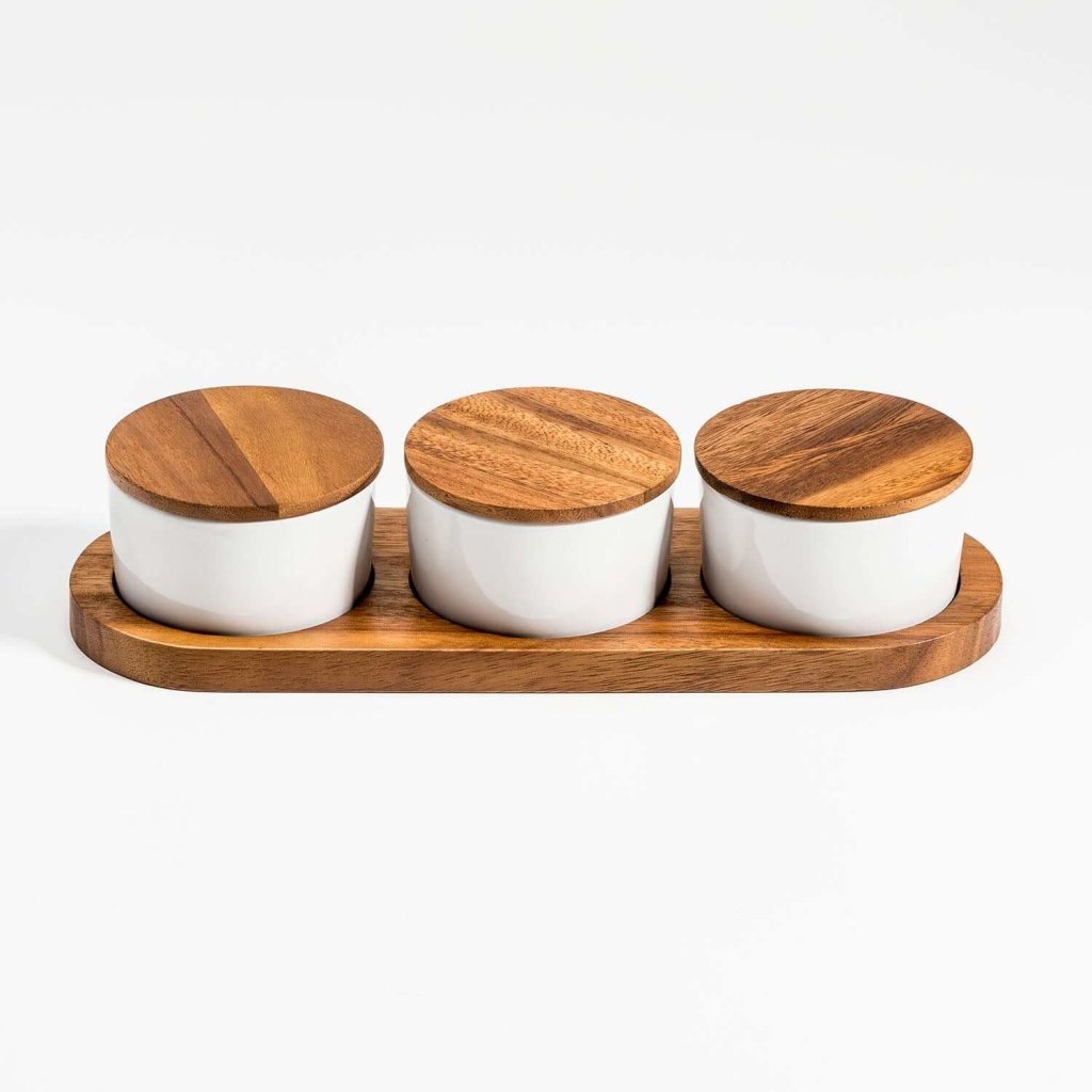 Set of 3 Ceramic Condiment Bowls on Solid Acacia Wood Base for Condiments and Snacks - Lorri Melas