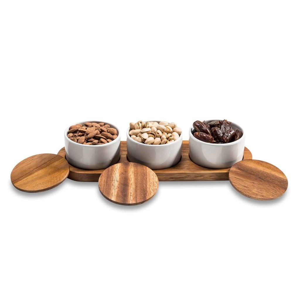 Set of 3 Ceramic Condiment Bowls on Solid Acacia Wood Base for Condiments and Snacks - Lorri Melas