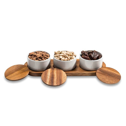 Set of 3 Ceramic Condiment Bowls on Solid Acacia Wood Base for Condiments and Snacks - Lorri Melas