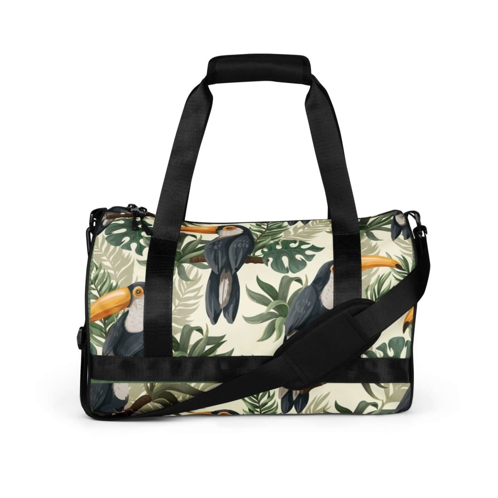 Toucan and Leaves Print Gym Bag - 100% Polyester, Dual Padded Handles, Inside Pocket, T-piping for Stability, Water-Resistant and Durable - Lorri Melas