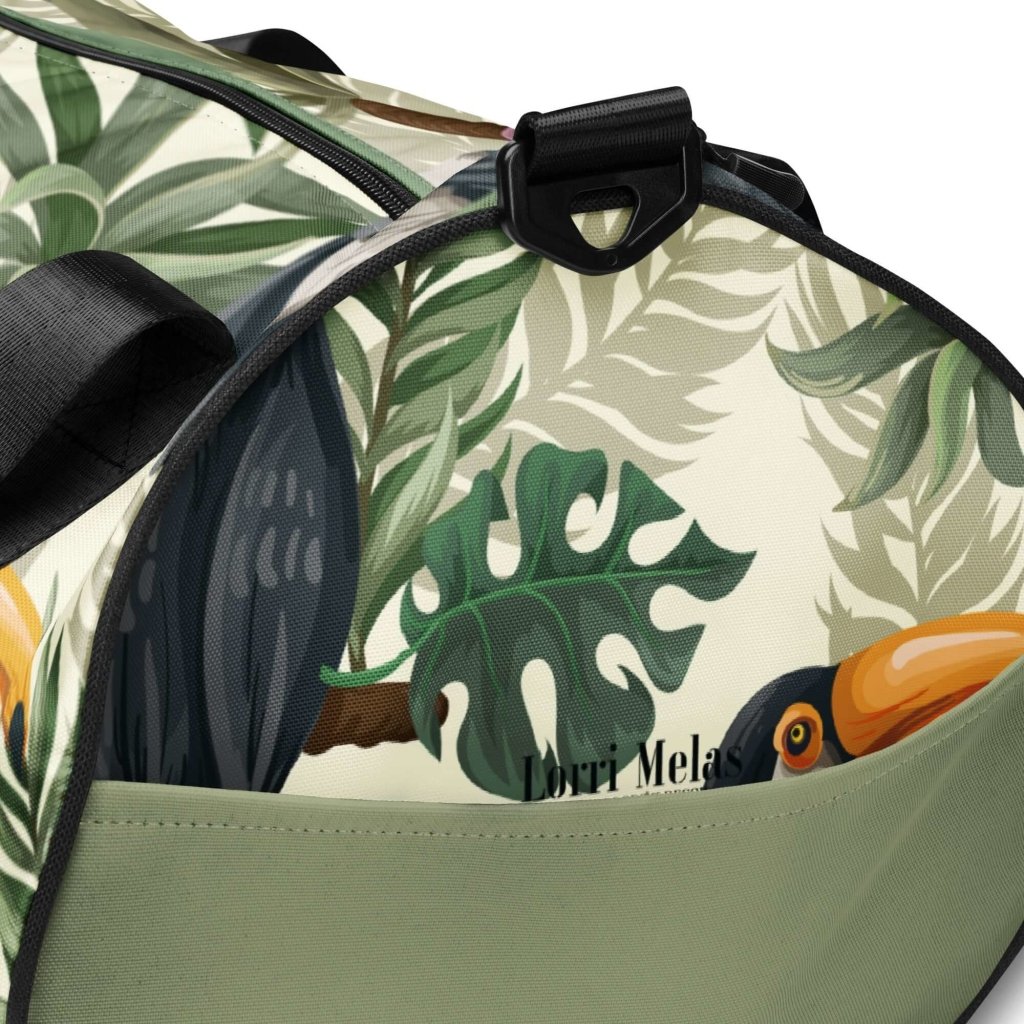 Toucan and Leaves Print Gym Bag - 100% Polyester, Dual Padded Handles, Inside Pocket, T-piping for Stability, Water-Resistant and Durable - Lorri Melas