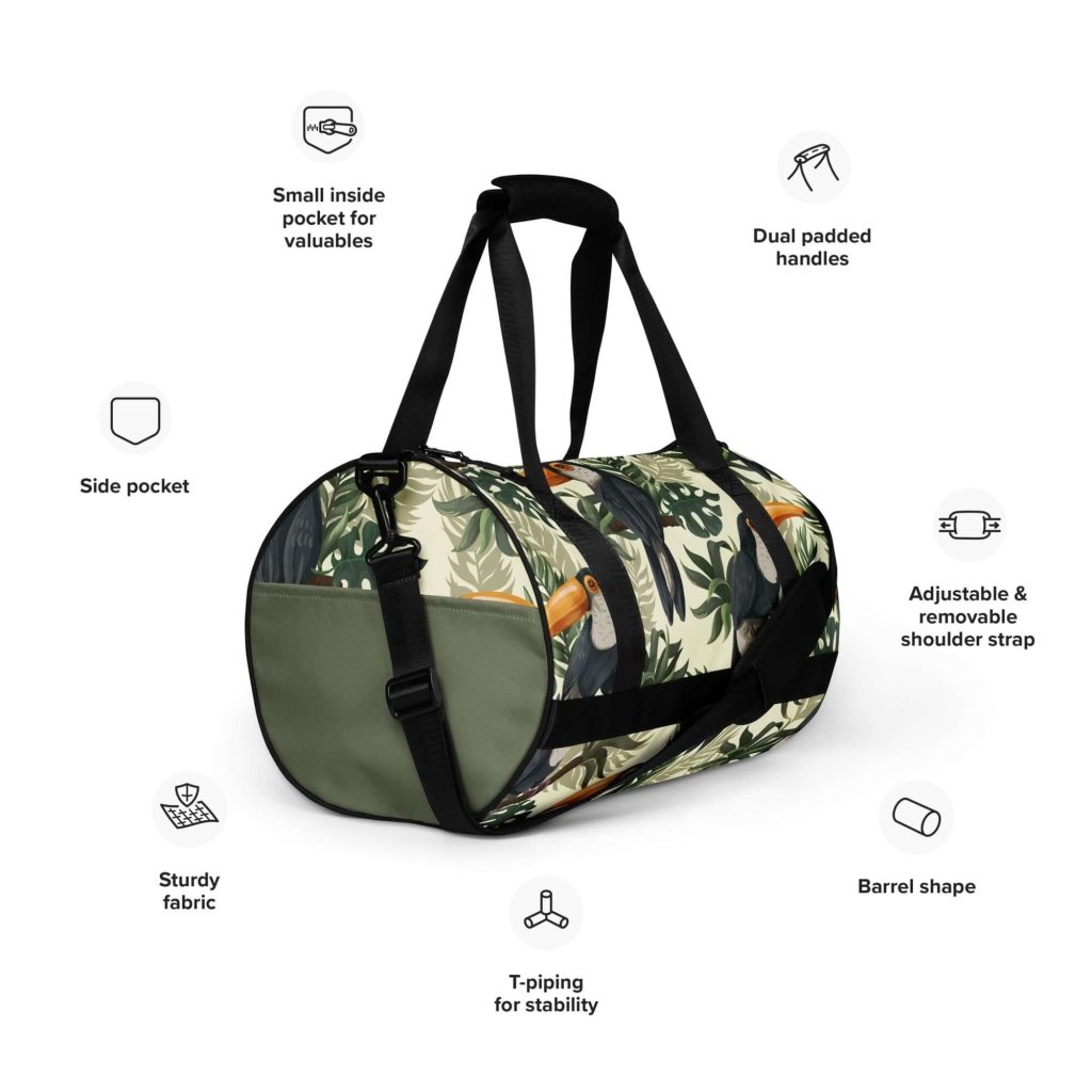 Toucan and Leaves Print Gym Bag - 100% Polyester, Dual Padded Handles, Inside Pocket, T-piping for Stability, Water-Resistant and Durable - Lorri Melas