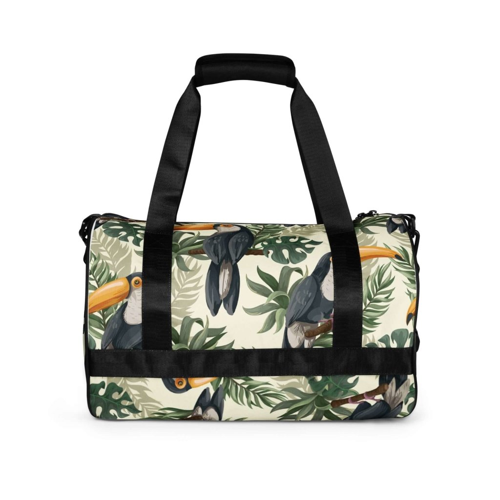 Toucan and Leaves Print Gym Bag - 100% Polyester, Dual Padded Handles, Inside Pocket, T-piping for Stability, Water-Resistant and Durable - Lorri Melas