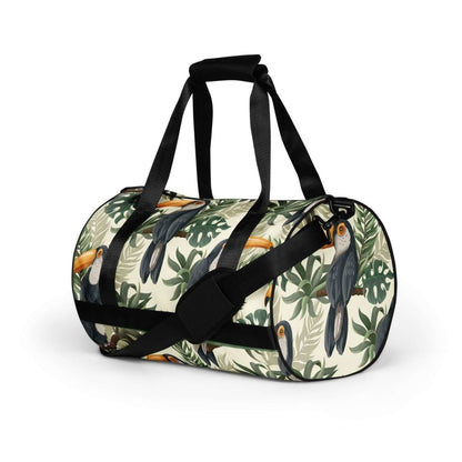 Toucan and Leaves Print Gym Bag - 100% Polyester, Dual Padded Handles, Inside Pocket, T-piping for Stability, Water-Resistant and Durable - Lorri Melas