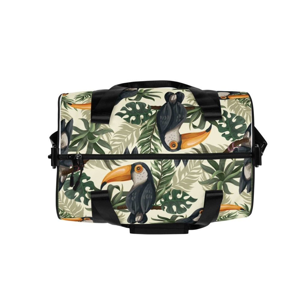 Toucan and Leaves Print Gym Bag - 100% Polyester, Dual Padded Handles, Inside Pocket, T-piping for Stability, Water-Resistant and Durable - Lorri Melas