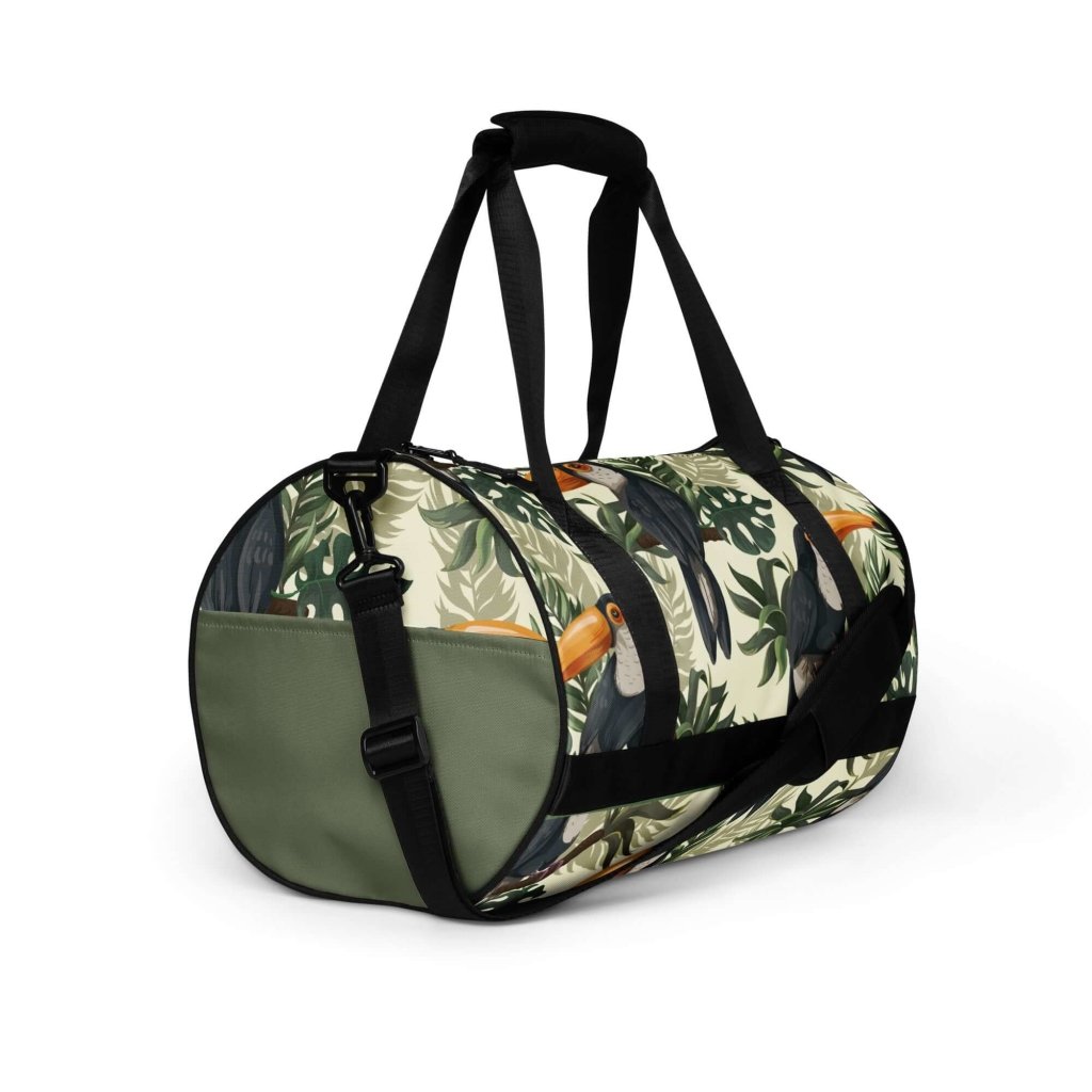 Toucan and Leaves Print Gym Bag - 100% Polyester, Dual Padded Handles, Inside Pocket, T-piping for Stability, Water-Resistant and Durable - Lorri Melas