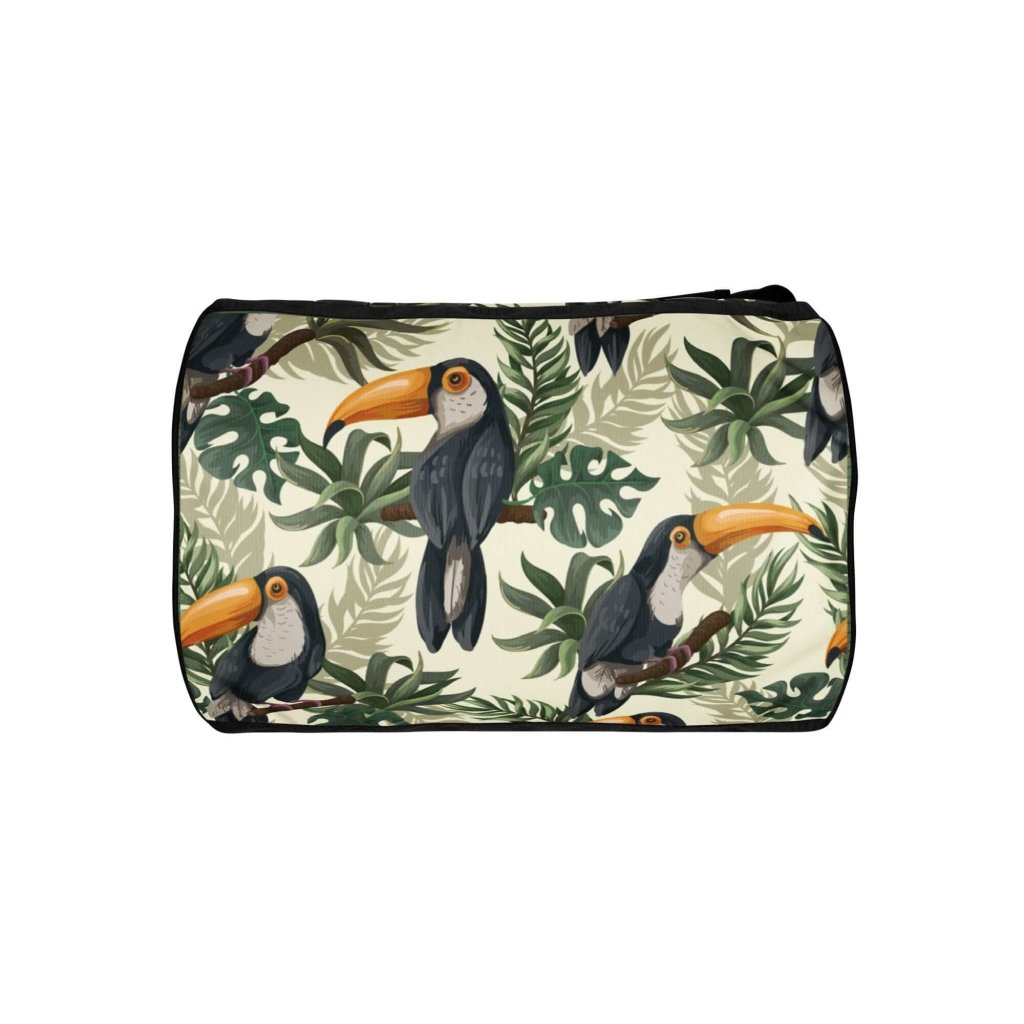 Toucan and Leaves Print Gym Bag - 100% Polyester, Dual Padded Handles, Inside Pocket, T-piping for Stability, Water-Resistant and Durable - Lorri Melas