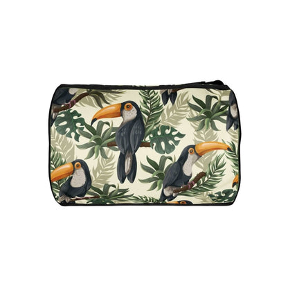 Toucan and Leaves Print Gym Bag - 100% Polyester, Dual Padded Handles, Inside Pocket, T-piping for Stability, Water-Resistant and Durable - Lorri Melas