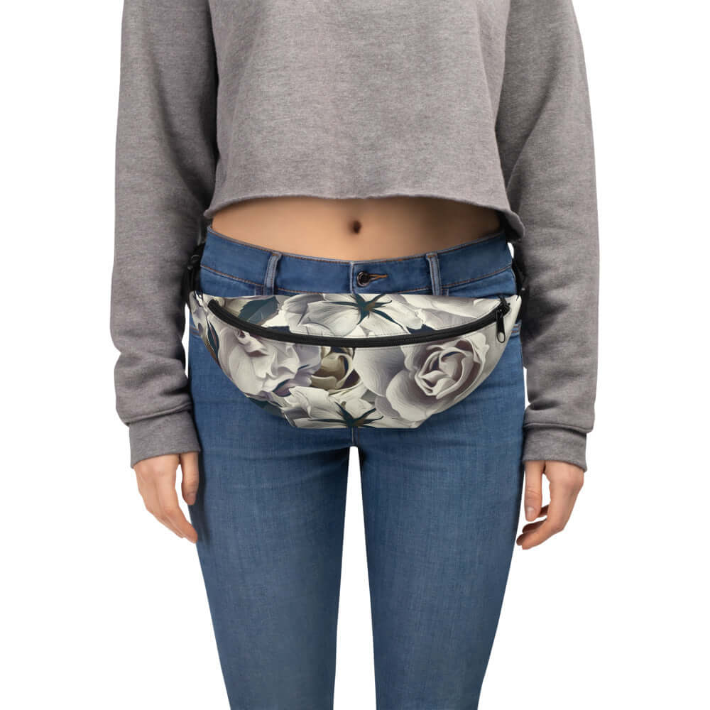 White Roses Fanny Pack 100% Polyester Water Resistant Silky Lining - Lorri Melas