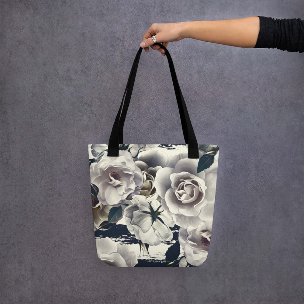 White Roses Tote Bag 100% Polyester - Lorri Melas